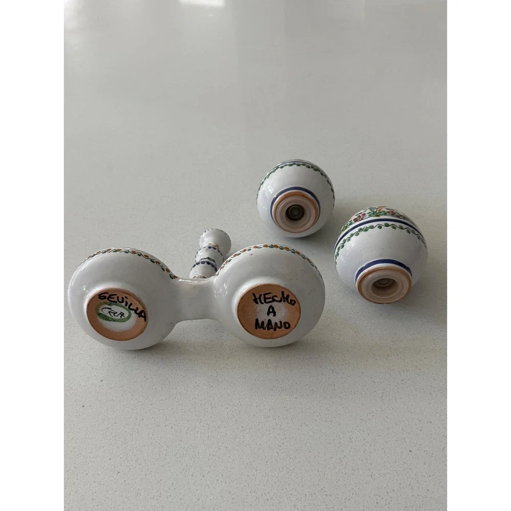 Vtg Sevilla Cruz Hand Painted Ceramic Salt and Pepper Shakers with Caddy Spain